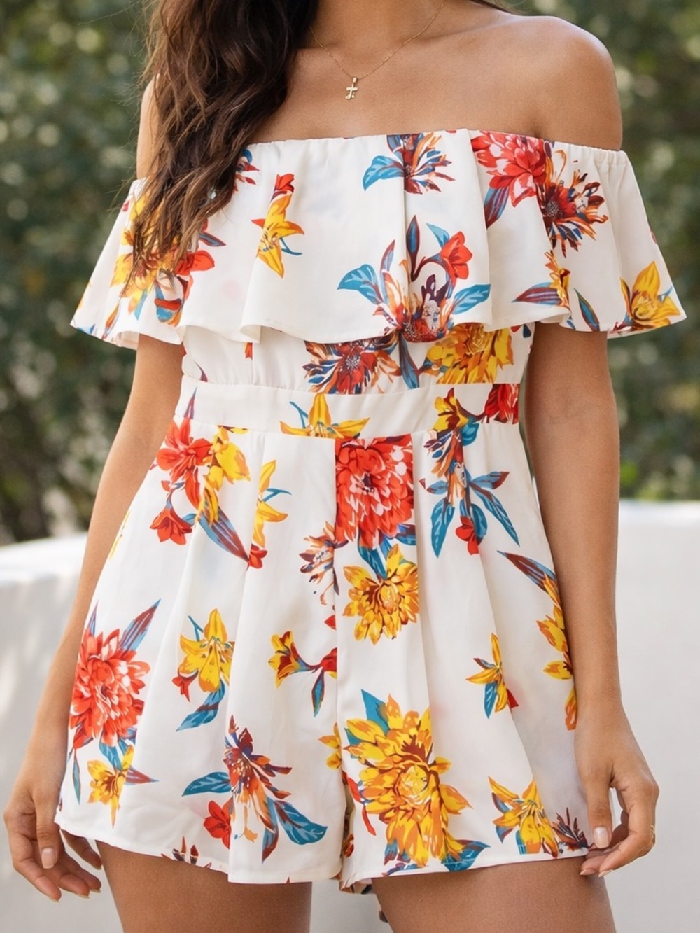Flying Tomato Tropical Floral Strapless Ruffle Romper Large Spring Boho